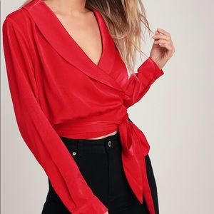 Red Satin Long Sleeve Wrap Top 